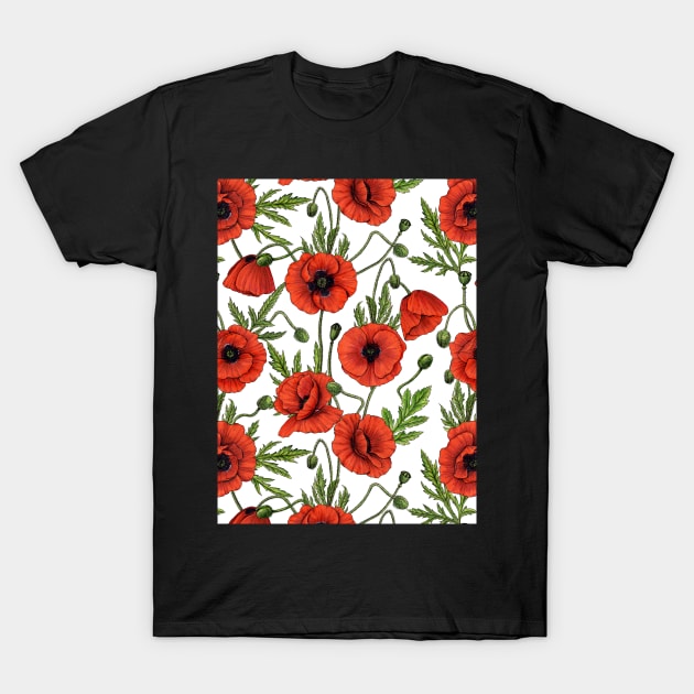 Poppies, red and green on  white T-Shirt by katerinamk